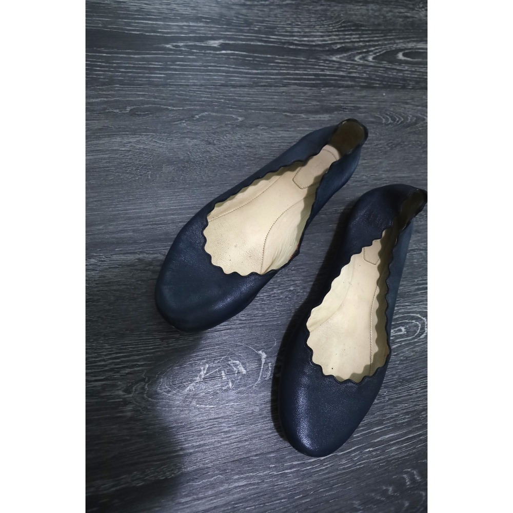 Chloe Lauren Navy Blue Scalloped Leather Ballet Flats Size 37 Made in Italy